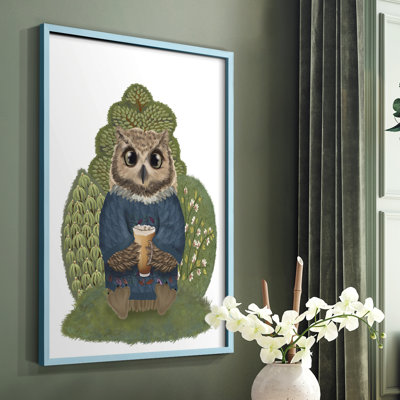 Latte Owl dans un chandail, reproduction encadrée - bois massif