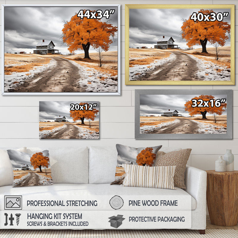 Marvita Farmhouse orange et gris harmonie - art mural de ferme pour le salon, H 16 po x l 32 po x P 1 po, Cadre flottant doré