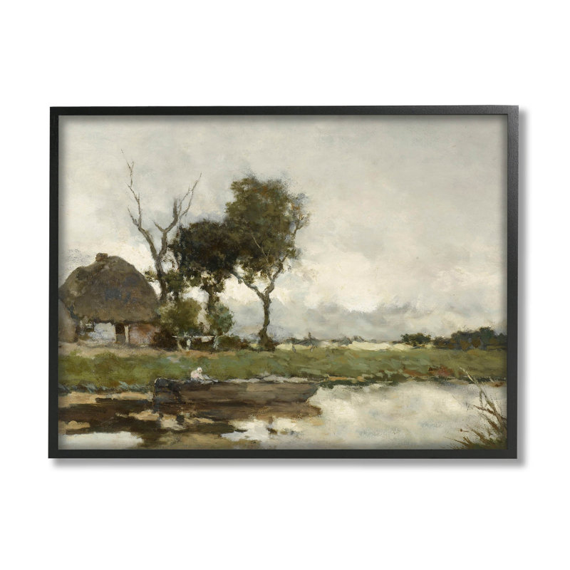 " Boat On River Classic Scene " by Lettered And Lined, Midnight Black Framed Giclee, 24" H x 30" W x 1.5" D