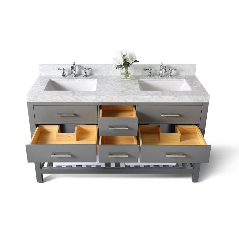 Elizabeth 60'' W Double Vanity, Sapphire Gray/Brushed Nickel, Carrara White Marble