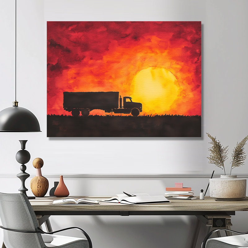«Sunset Truck Cargo Highway II», impression d'art mural camion, H 30 po x l 40 po, Toile tendue, Blanc