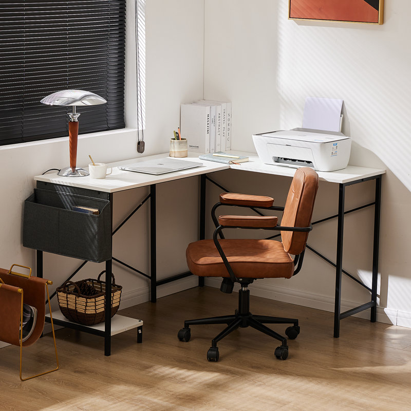 Hussan L-Shaped Metal Base Computer Desk, White Stand