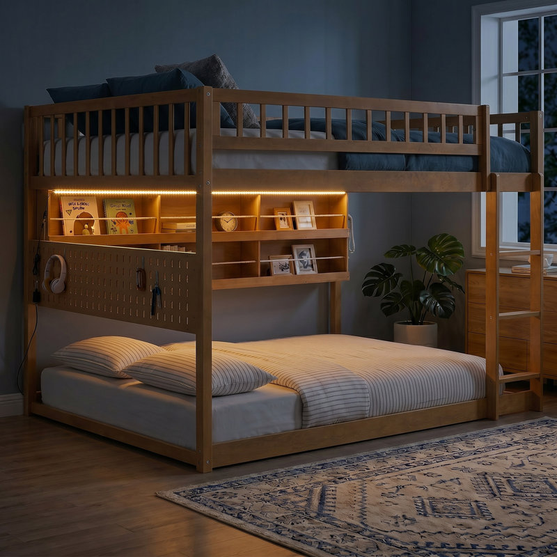 Lit plateforme double en bois massif avec tablettes, lumières à changement de couleur et panneau perforé, Brun