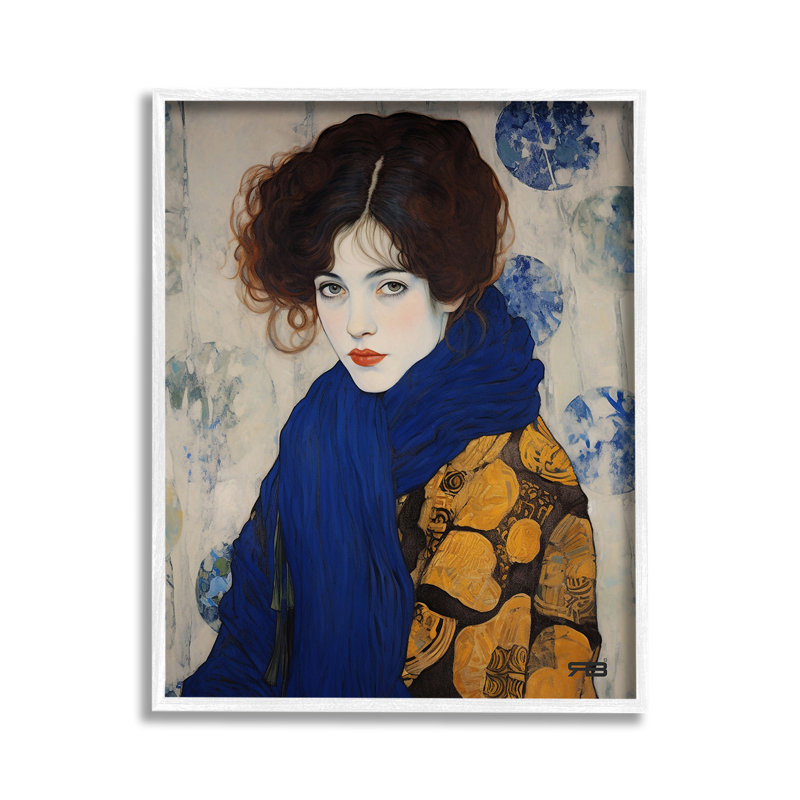 ChicWomanBlueScarfGicleeArtbyRB, Giclée encadrée blanc bord de mer, H 14 po x l 11 po