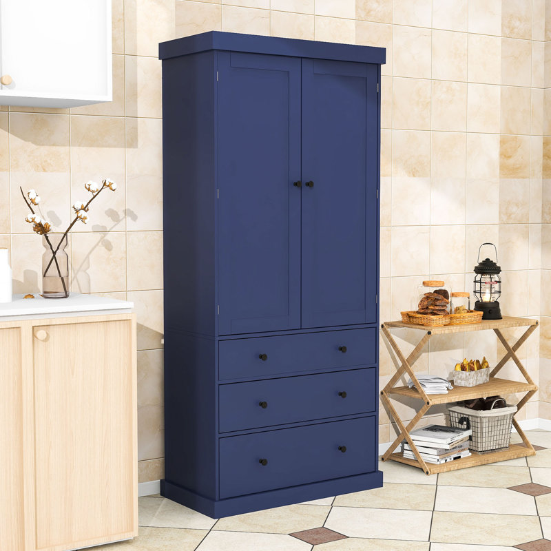 Garde-manger Averir, armoire de rangement haute avec 3 tiroirs et tablettes réglables, Bleu
