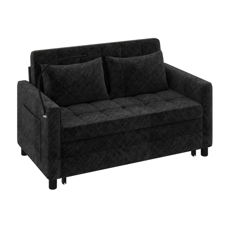 Canapé-lit avec causeuse et dossier réglable avec 2 coussins, sac de rangement, port USB et support pour téléphone, Noir