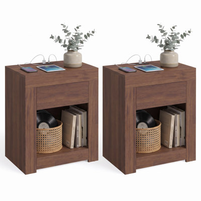 Table de chevet avec tiroir de rangement et station de charge, table de bout moderne, armoire de chevet pour chambre à coucher, salon, noyer, ensemble de 2