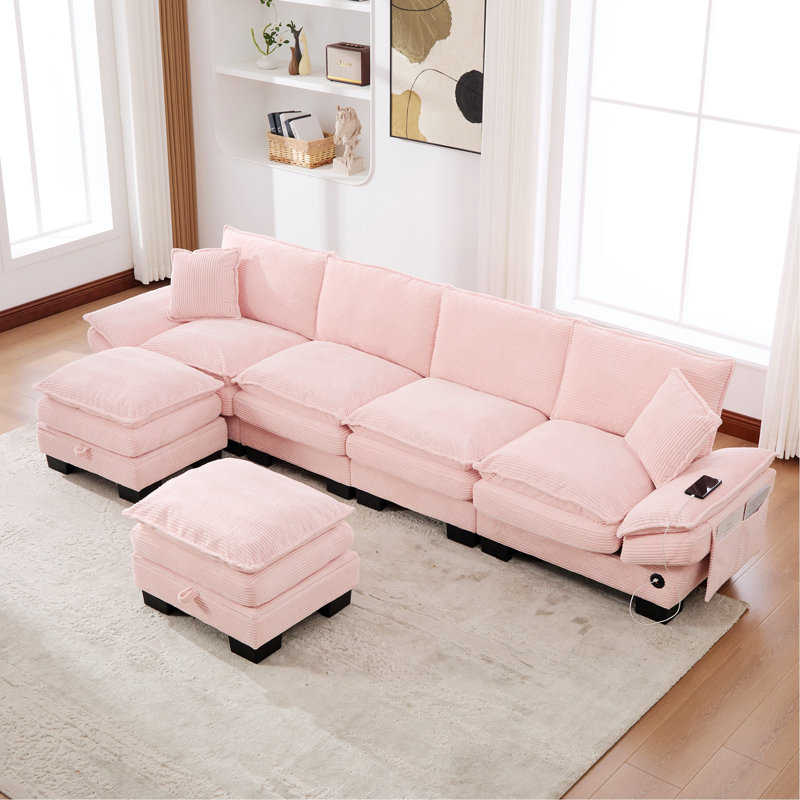 Canapé modulaire modulaire avec siège profond, ports USB pour salon, appartement, bureau, 129.92" W, Pink Corduroy