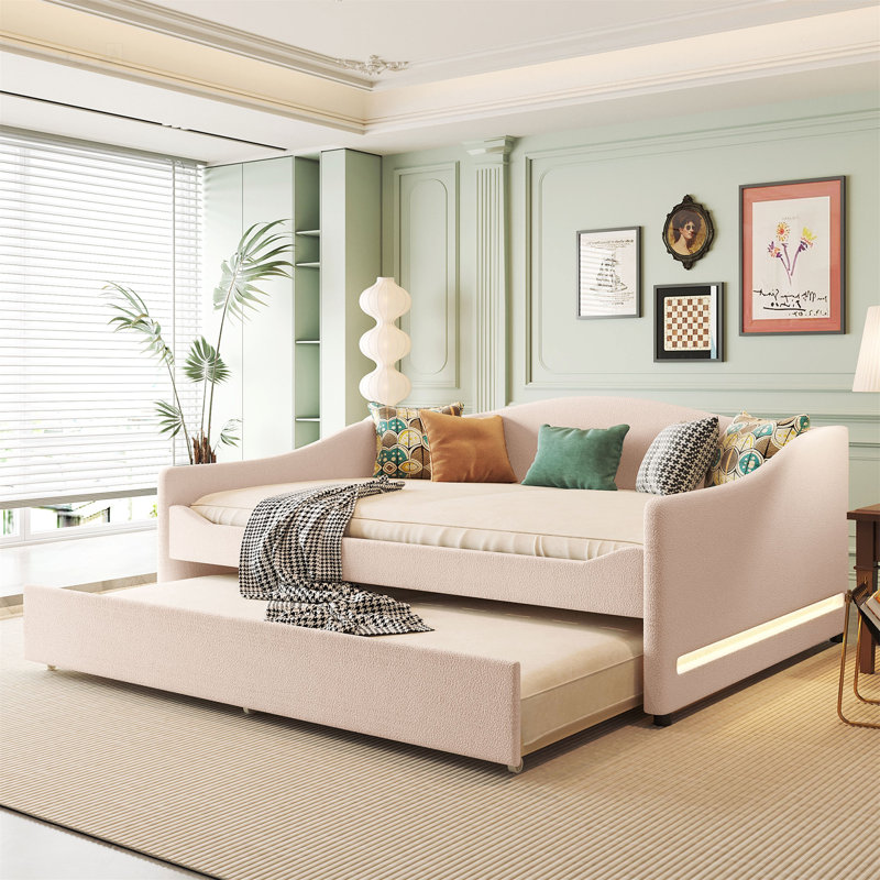 Teddy Fleece Full Upholstered Daybed with LED Lights and Trundle, Beige