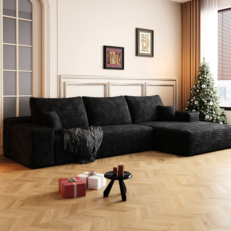 Canapé modulaire en L 107 po rembourré en velours côtelé noir de 107 po, moderne et polyvalent pour plusieurs pièces, sans assemblage requis. Canapé modulaire confortable dans le salon, noir.