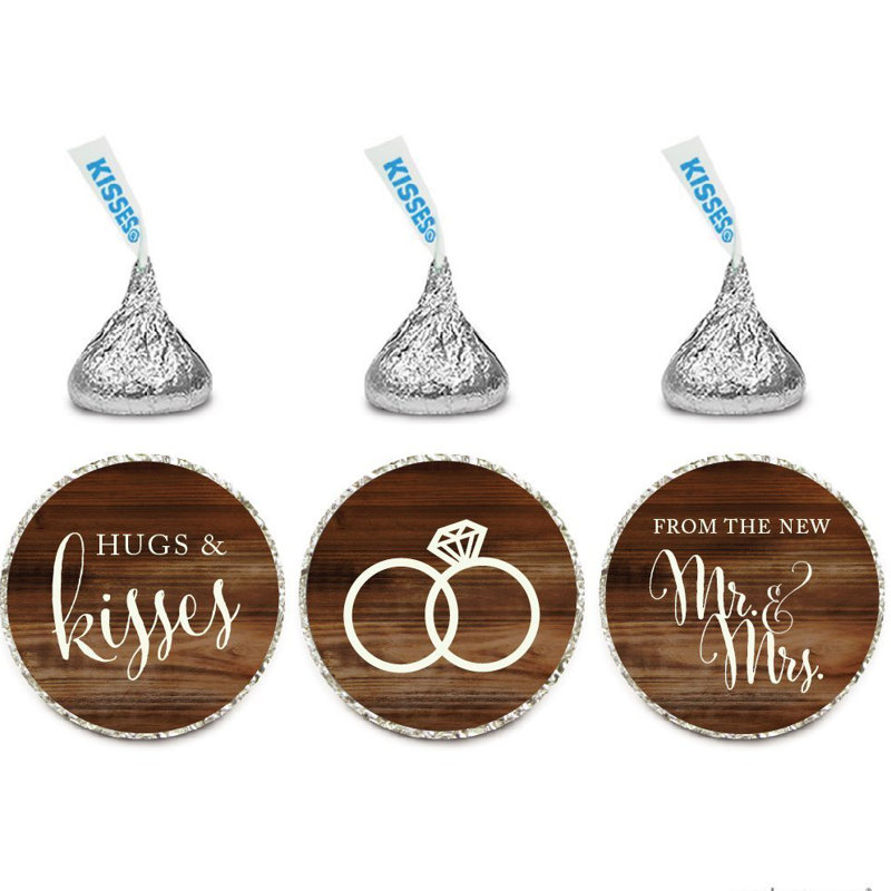 Étiquettes de chocolat drop set de 216 câlins / bisous du nouveau m. / mme, Imprimé bois rustique