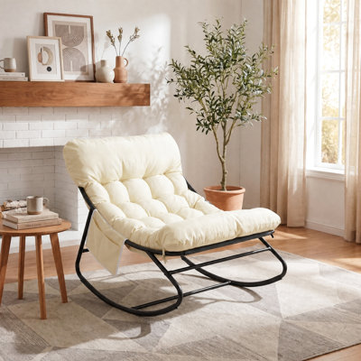 Outdoor/Indoor Papasan Rocking Chair, Lounge Chair with Cushion & Sturdy Metal Frame, Patio Rocker Chair for Balcony Backyard Porch Bedroom, Beige, 1pcs