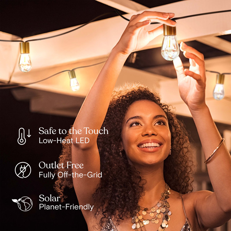 Glow Series 28 ft. Solar Outdoor Patio LED String Lights with 12 Warm White S14 Edison Bulbs, Gold Brass Sockets, Weatherproof