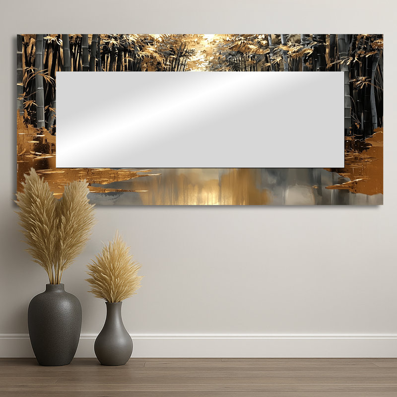 Golden Arashi Yama Bamboo River II - Floral Accent Wall Mirror - Printed On Metal, 28" x 60"