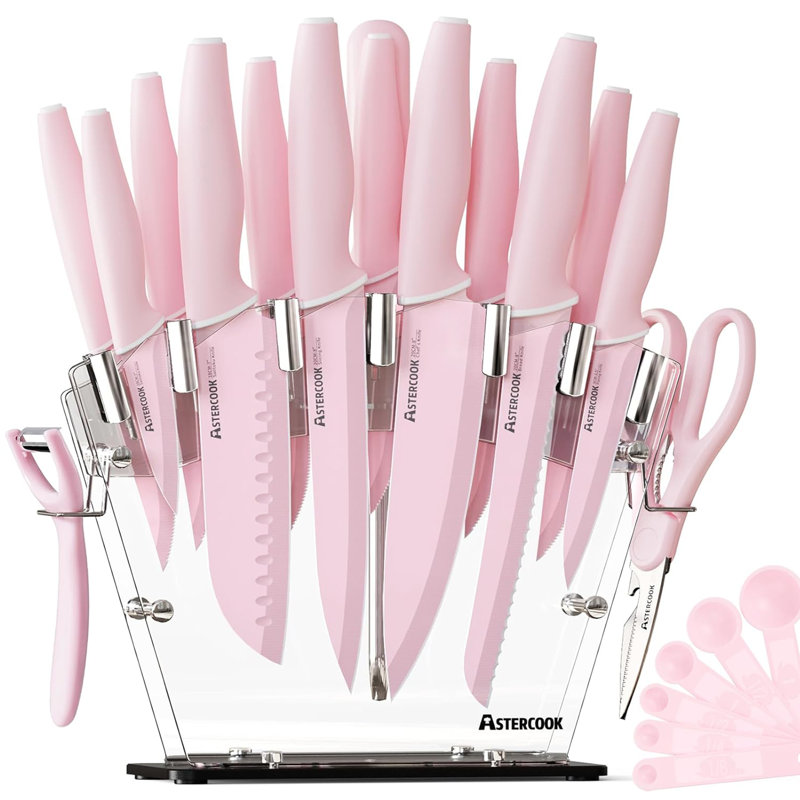 Ensemble de 16 couteaux de cuisine, acier inoxydable, résistant à la rouille, rose