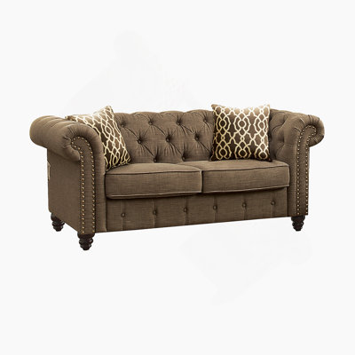 Brown Linen Loveseat W/2 Pillows