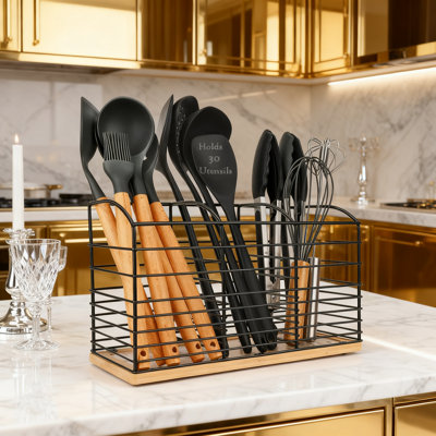 Grand porte-ustensiles de cuisine avec 3 compartiments, base en acier et en bambou résistant à la rouille, rangement pour les ustensiles de cuisine et les outils de comptoir
