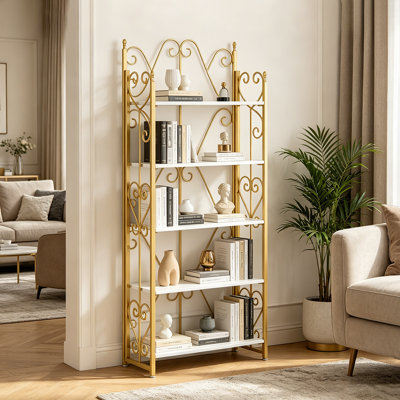 5 Tier Folding Bookshelf, Industrial Vintage Wood Bookshelf With Storage Shelves, No Assembly Bookcase
