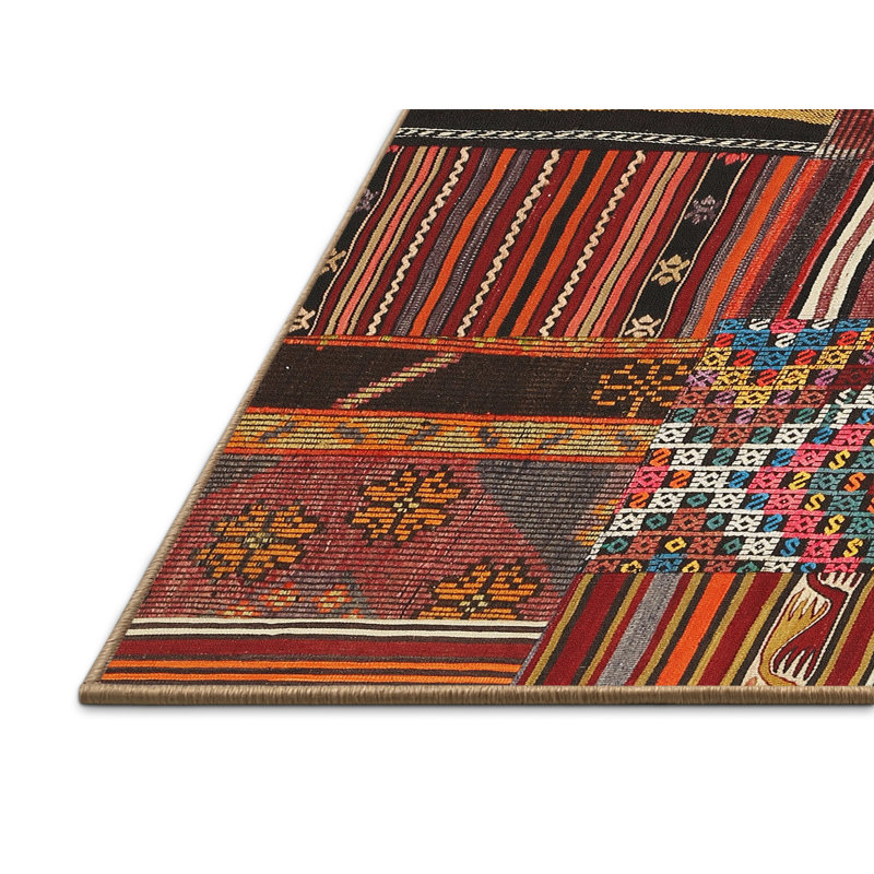 Tapis brun/vert/rouge contemporaine Octavian, Rectangle 5 pi x 7 pi