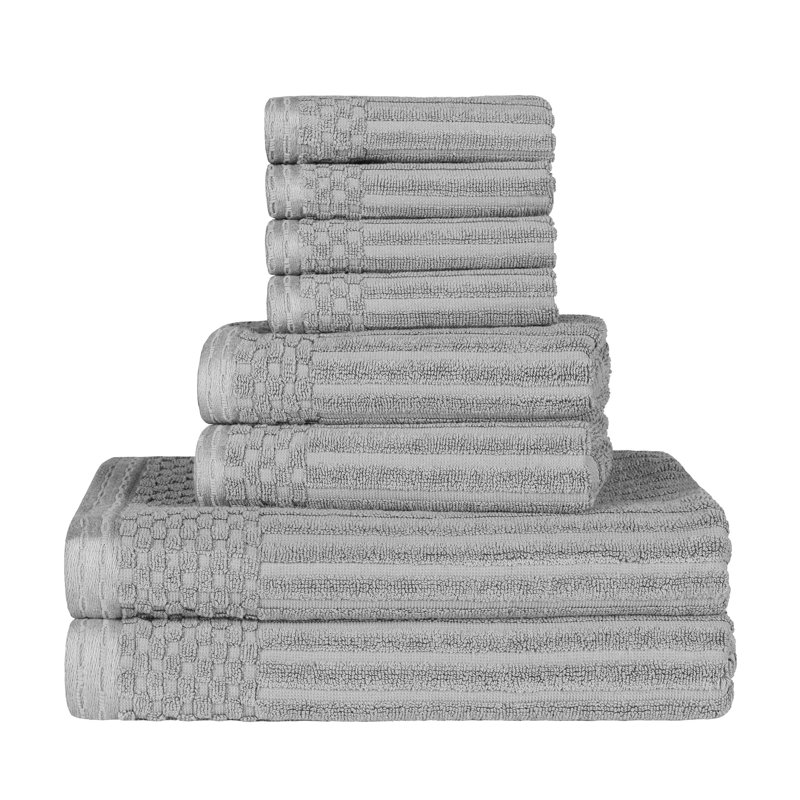 Ruvins Cotton Highly Absorbent 8-Piece Solid and Checkered Border Towel Set, Silver