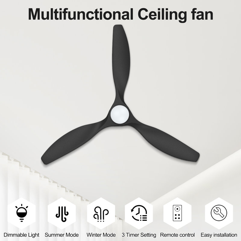 2pcs Flush Mount Ceiling Fan With Light, Black, 52" Wide