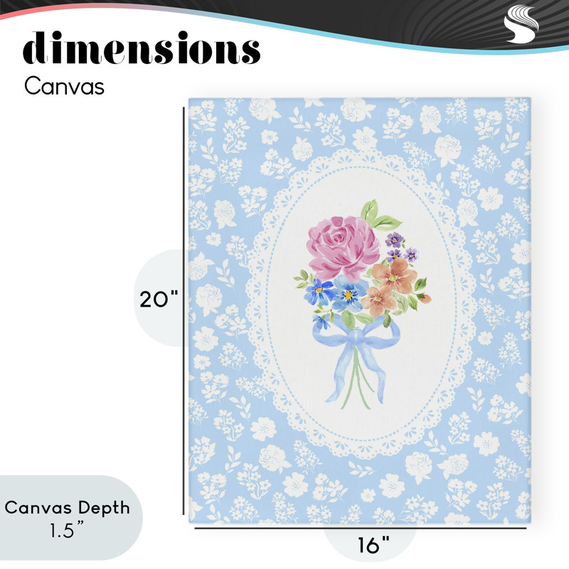 Toile bleue avec bouquet féminin, design par Corinne Haig, H 20 po x l 16 po