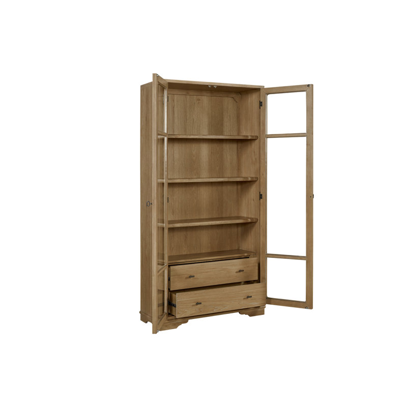 Vitrine haute couleur noix de cajou avec portes doubles vitrées, plusieurs étagères fixes pour ranger la vaisselle et les objets de décoration, deux tiroirs de rangement, fabriquée en placage de qualité, hauteur 208 cm (81,82 po).