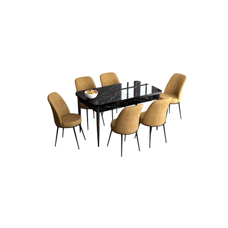 Ensemble de table et chaises de salle à manger extensible Modern (7 pièces) - Marbre noir et cappuccino | 100% panneau de fibres à densité moyenne avec pieds en métal | Table: 44,9 po x 30,7 po x 27,6 po (ouverte: 56,7 po de largeur) | 6 chaises: 17,7 po x 35,8 po x 16,5 po | Conception élégante pour les réunions de famille et les réceptions