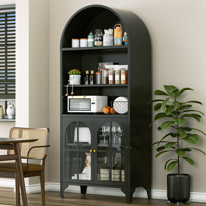 73.6" Arched Metal Storage Display Cabinet, Curio Cabinet with Adjustable Shelves and Glass Doors, Black