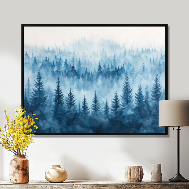 «Blue Cool Mist Forest II - Blue Nature», reproduction d'art, H 16 po x l 32 po, Cadre flottant noir