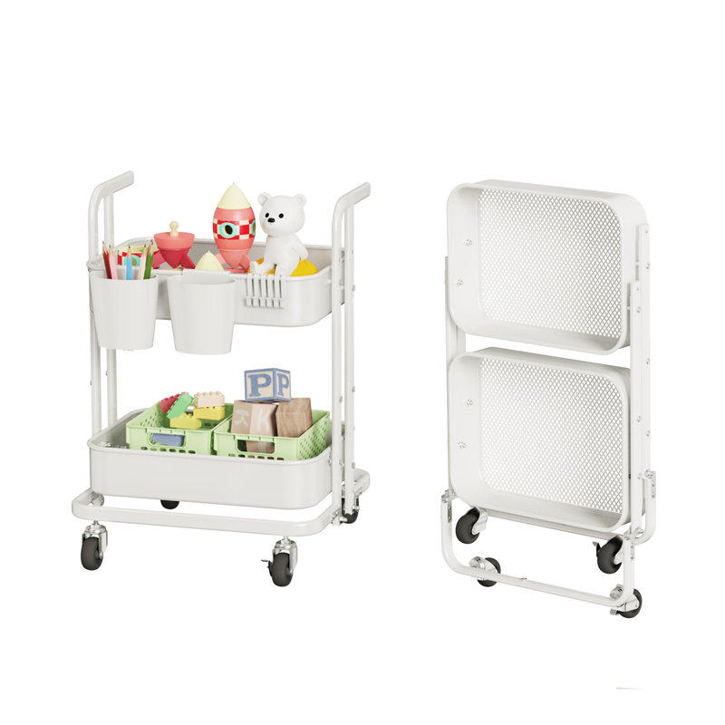White Metal 2-Tier Foldable Rolling Utility Cart