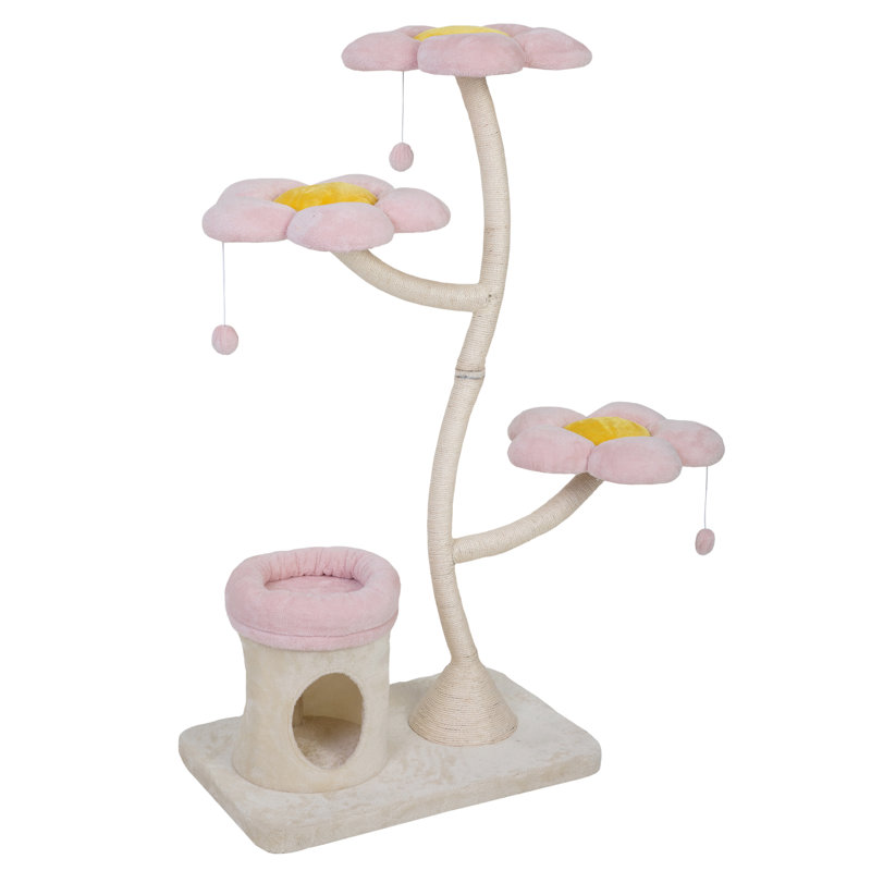 Tour à chat multi-niveaux à thème floral pour chats d'intérieur, comprenant un arbre beige rose, un noyau suspendu et une tige stable avec base stable, 3 plateformes, tubes métalliques enveloppés
