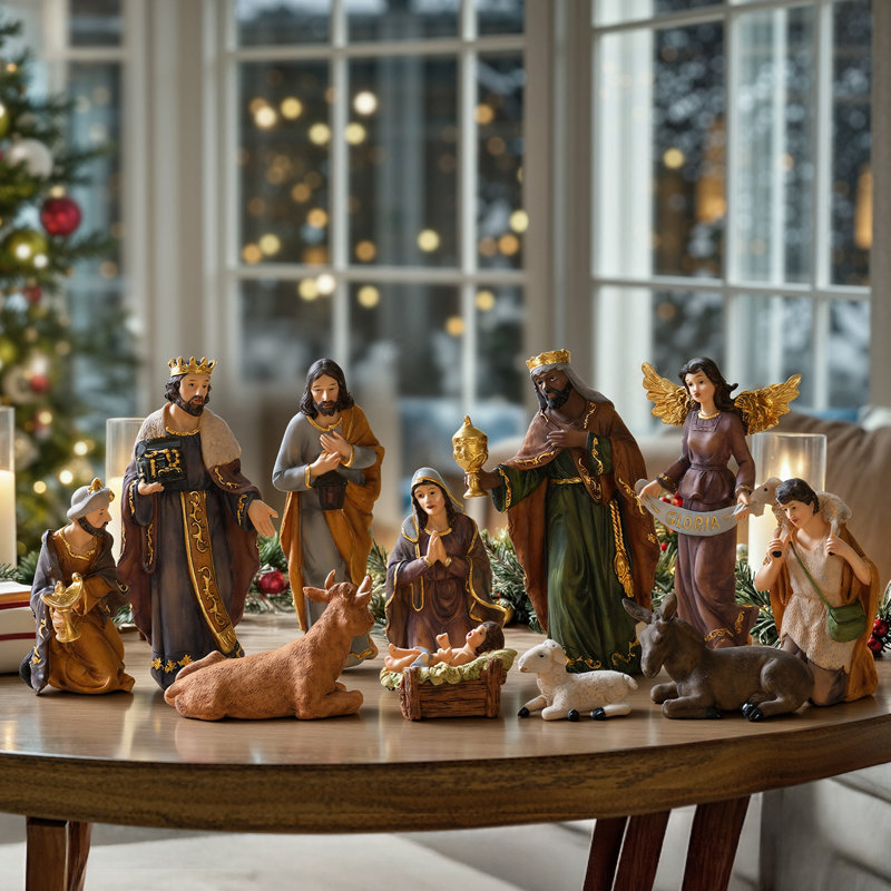 Grand ensemble de crèche de Noël 20,5 pouces 20 pièces avec lumières DEL, Brown