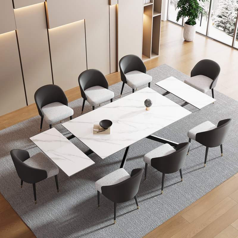 Majour Dining Set 110'' Extendable Retangular Sintered Stone Dining Table with 8 Leather Dining Chairs, Snow Mountain White