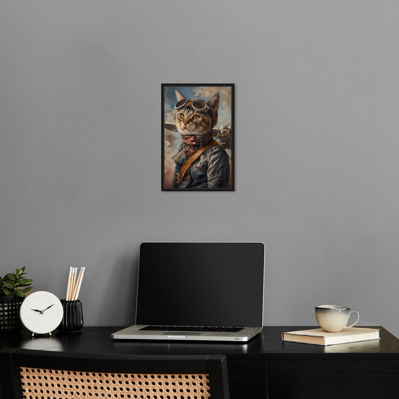 «Cat To The Skies», impressions sur toile de chat excentrique par Notoriart, Cadre noir, H 55 po x l 37 po