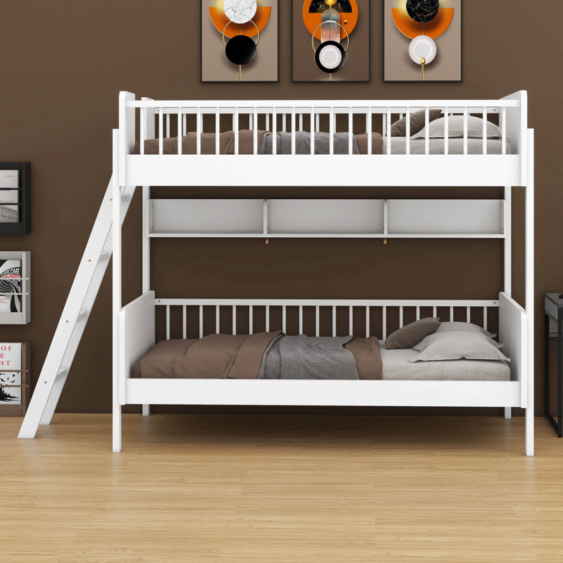 Structure de lit simple en bois - 3 tablettes de rangement et échelle réversible (gauche / droite), Blanc