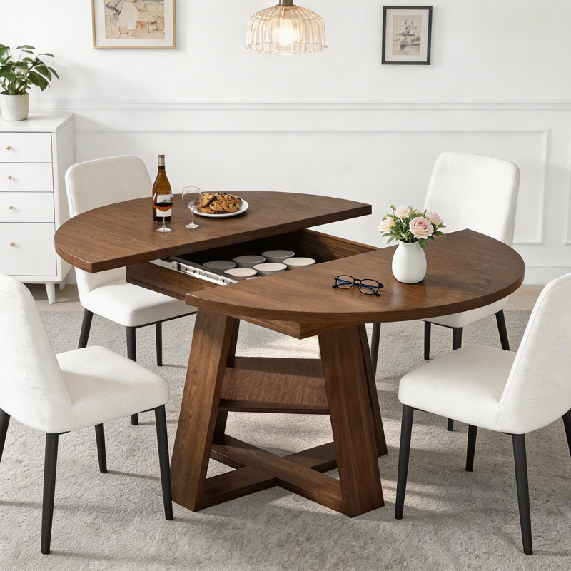 43"–59" Extendable Round Dining Table For 4-8,Oval Kitchen Dining Table With Storage,Walnut, Walnut