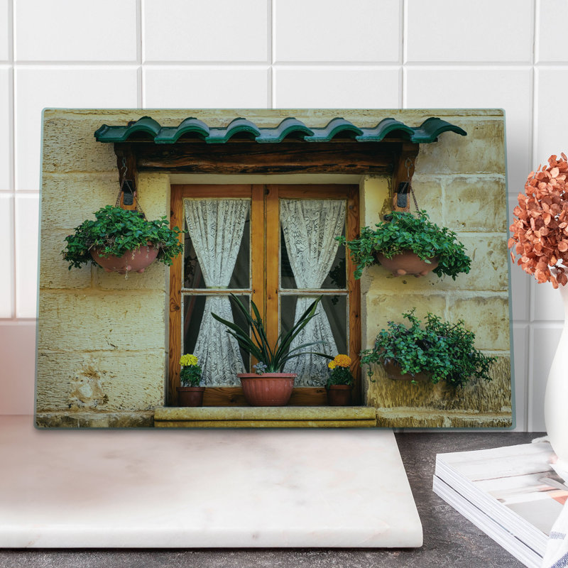 Ambesonne Rustic Cutting Board Large Size Old Window and Flowers Beige Green