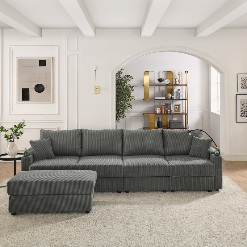 Canapé modulaire en L avec repose-pieds Demarco, Velours côtelé gris
