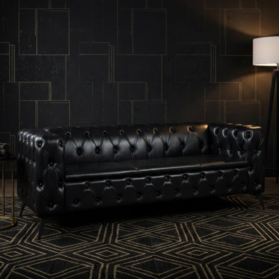 84.06" Tufted PU Leather Sofa with Square Arms and Iron Legs