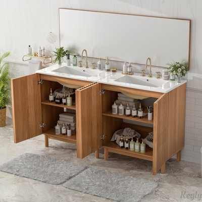 Traditional Bathroom Vanity with Ceramic Sink, Solid Wood Legs, MDF U-Shaped Adjustable Shelf, Soft-Close Doors, and Space-Saving Storage