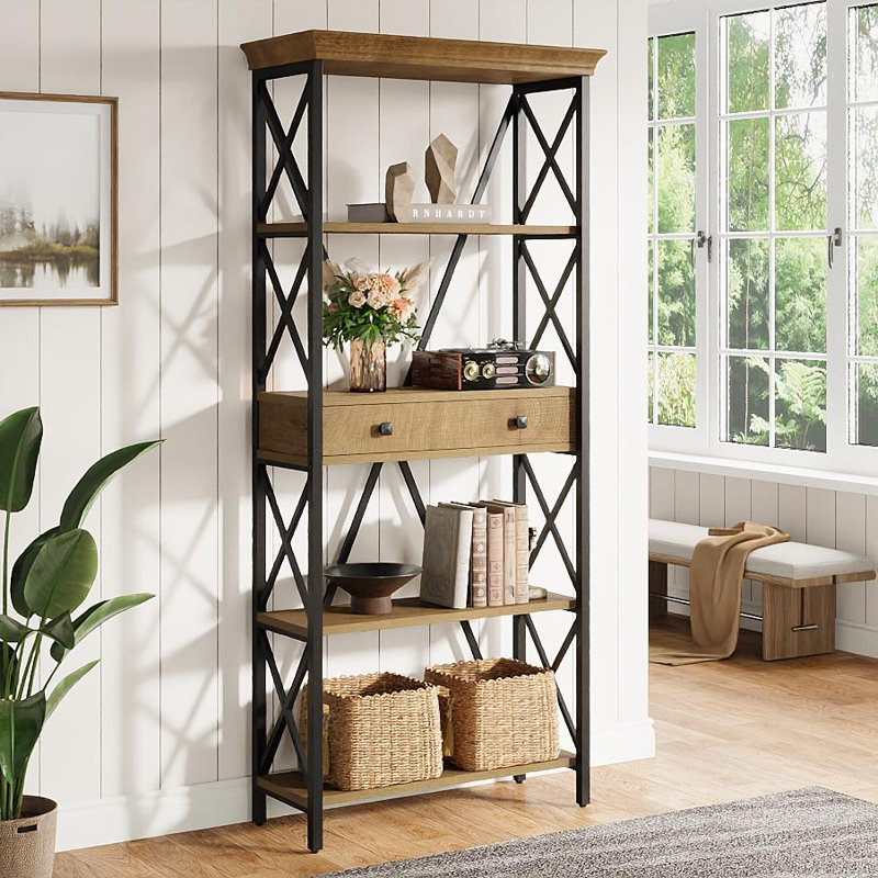 Bibliothèque industrielle avec tiroirs, bibliothèque ouverte de 70,9 po de hauteur et cadre en X stable pour le salon, le bureau et la chambre à coucher