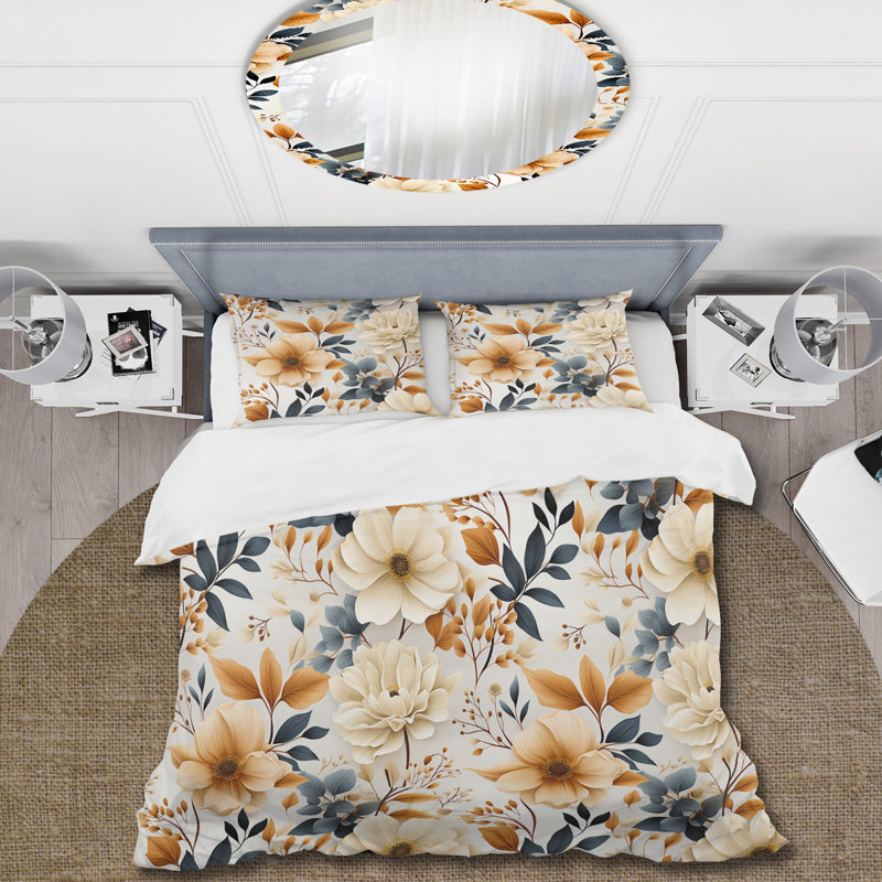 Boho Earthy Floral Queen Duvet Cover Set in Beige Microfiber