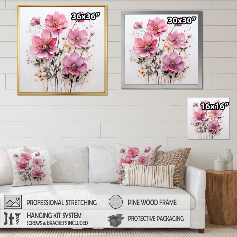 Art mural sur toile rose, H 16 po x l 16 po x P 1 po, Cadre simple noir