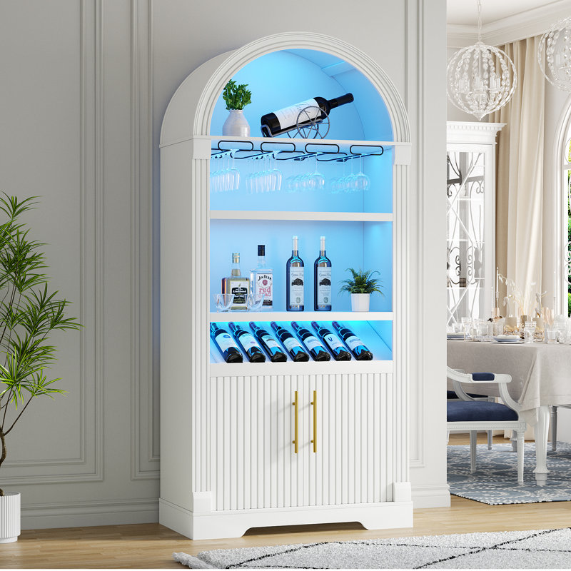 71''H Arch Wine Cabinets With Wine Glass Holder & Wine Rack, Bar Liquor Cabinets With Led Light & Motion Sensor, White