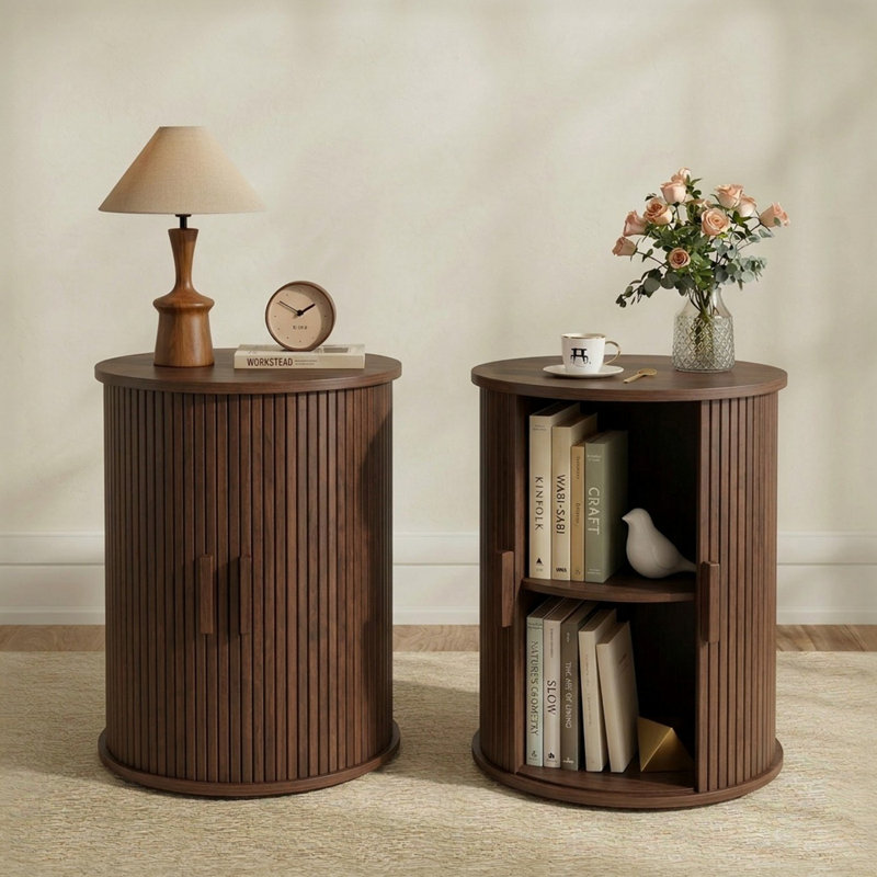Fluted Round End Table Set (Set of 2), Dark Brown Wood