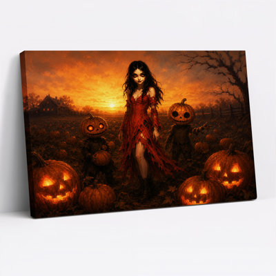 «Woman In Red Dress With Glowing Jack O Lanterns», art mural sur toile