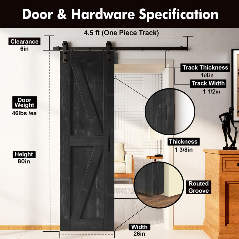 80in High 5-in-1 Design Black Colour Solid Wood Unassembled One Door with Installation Hardware Kit, 26" x 80"