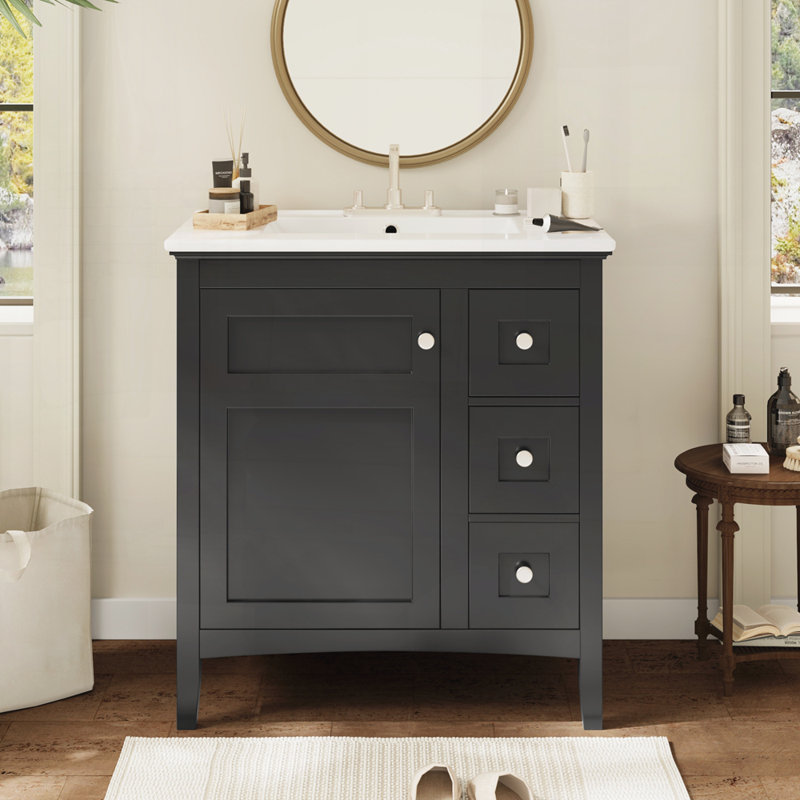 Meuble-lavabo 30 po avec lavabo en céramique, 3 tiroirs noir, Noir