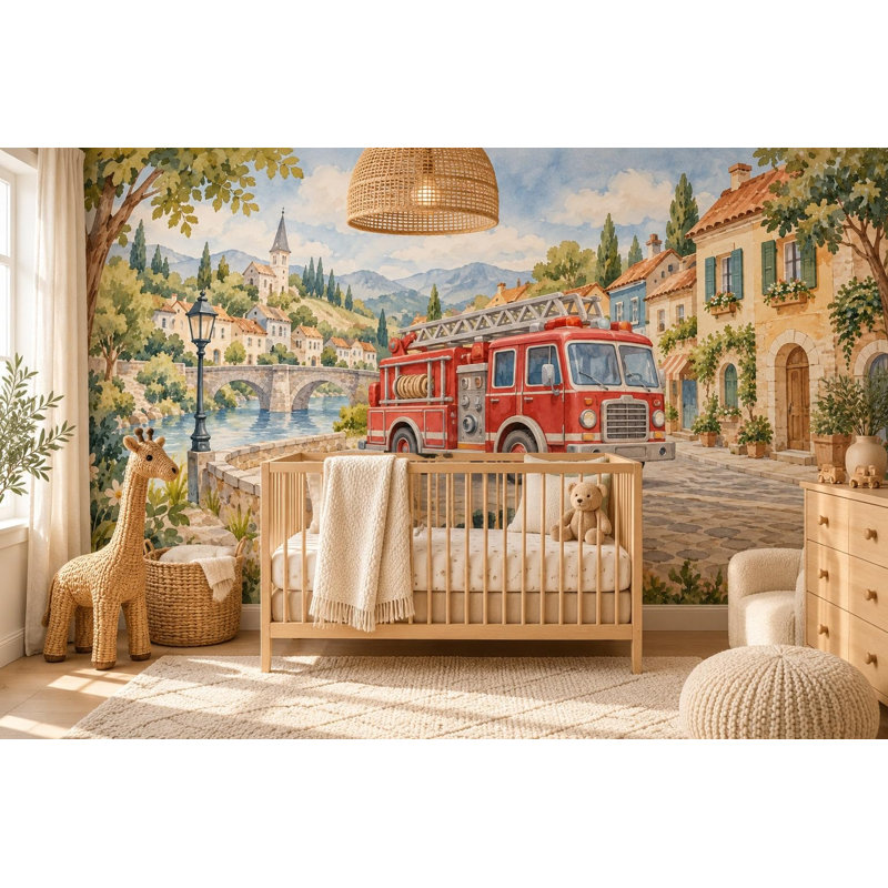 Fire Truck Town Wallpaper Mural, Peel and Stick Kids Room Wall Mural, Watercolor Construction Truck Nursery Wallpaper
